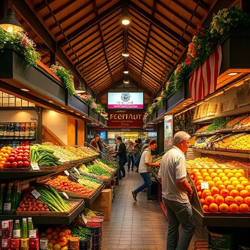 Intérieur animé des halles Paul Bocuse, avec ses étals remplis de produits frais et de spécialités locales.