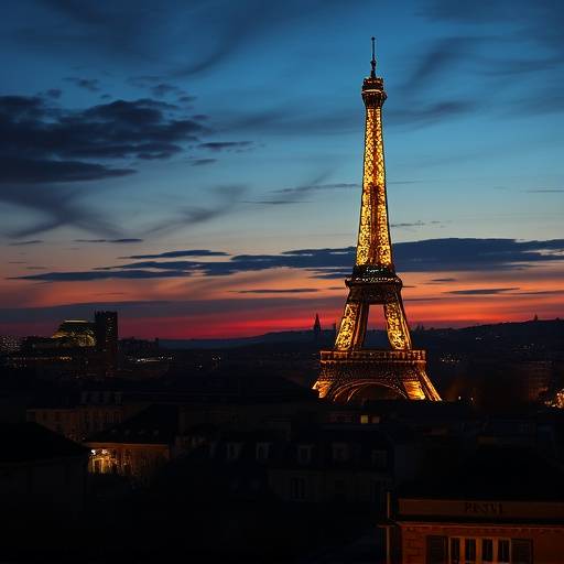 La Tour Eiffel illuminée au crépuscule à Paris, se dressant majestueusement au-dessus des toits de la ville.