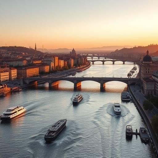 Le confluent du Rhône et de la Saône, avec les ponts qui relient les deux rives et les bateaux naviguant sur les eaux.