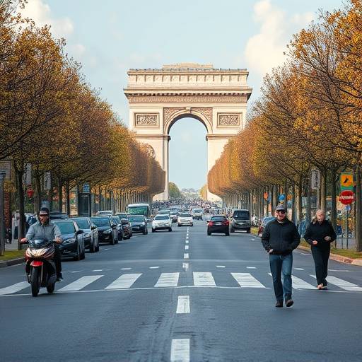 Les Champs-√âlys√©es anim√©s avec des pi√©tons et des voitures, avec l'Arc de Triomphe en perspective.