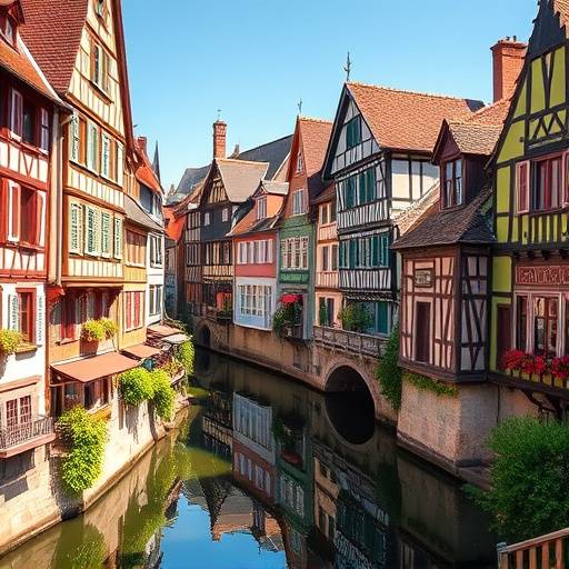 Maisons à colombages colorées bordant un canal à Colmar, en Alsace.