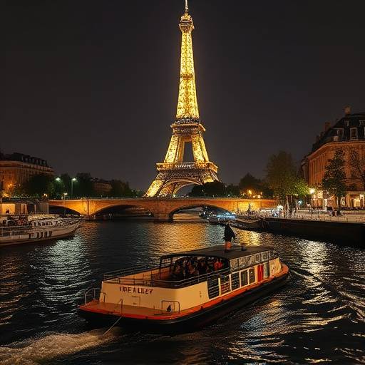Une péniche naviguant sur la Seine à Paris, avec la Tour Eiffel illuminée en arrière-plan et les quais animés.