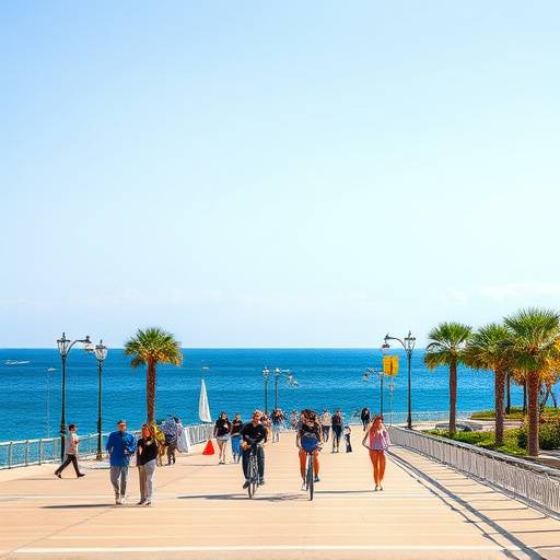 Une portion de la Promenade des Anglais avec des gens qui marchent et font du vélo, la mer et le ciel bleu en arrière-plan.