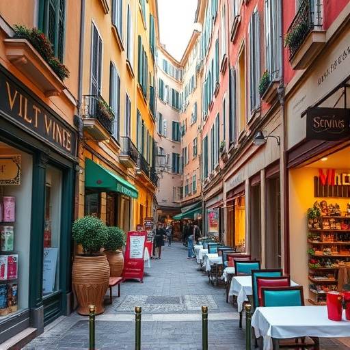 Une rue étroite et colorée dans le Vieux Nice, avec des boutiques et des restaurants.