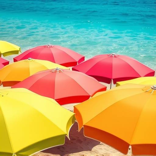 Une vue rapprochée de la plage de Nice avec des parasols colorés et la mer turquoise en arrière-plan.