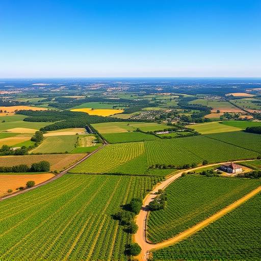 Vue aérienne des vignobles de Bordeaux, s'étendant à perte de vue sous un ciel bleu.