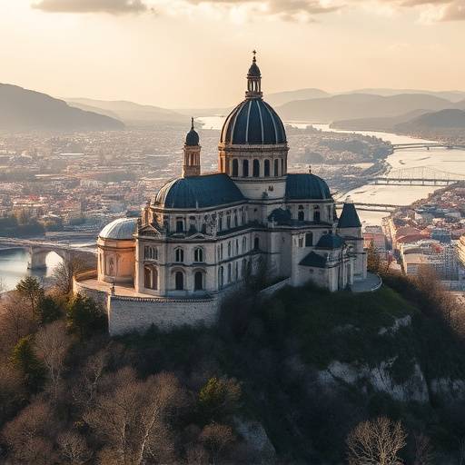 Vue de la basilique Notre-Dame de Fourvière dominant la ville de Lyon, avec le Rhône et la Saône en contrebas.
