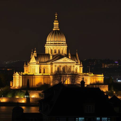 Vue de la basilique Notre-Dame de Fourvière illuminée la nuit, dominant la ville de Lyon.