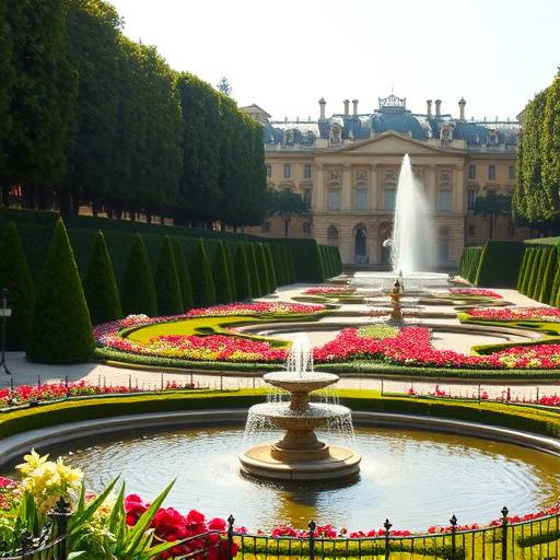 Vue des jardins du Ch√¢teau de Versailles, avec des fontaines et des parterres de fleurs parfaitement entretenus.