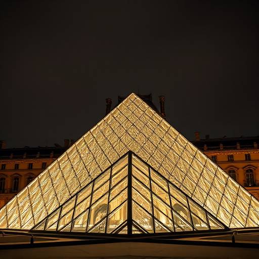 Vue du Musée du Louvre à Paris, avec sa pyramide de verre emblématique illuminée de nuit.
