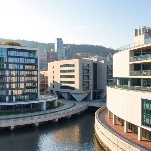 Vue moderne du quartier de la Confluence à Lyon, avec ses bâtiments contemporains et le musée des Confluences.