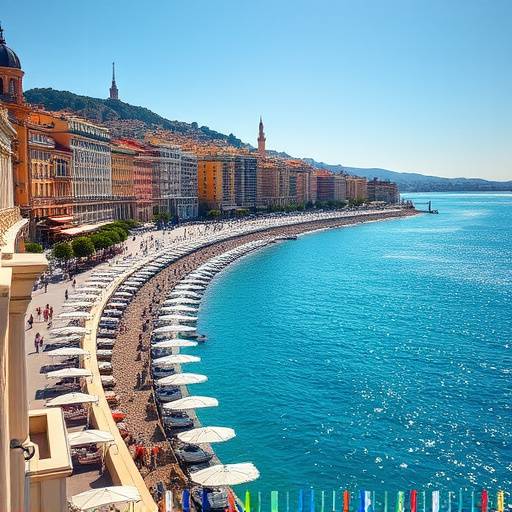 Vue panoramique de la Promenade des Anglais à Nice, avec la mer Méditerranée scintillante et les bâtiments colorés en arrière-plan.